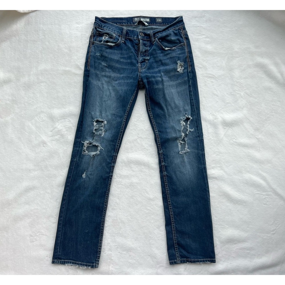 BKE Denim‎ Jake Straight Leg Jeans Men's Size 33R Stretch Distressed Blue Stitch
